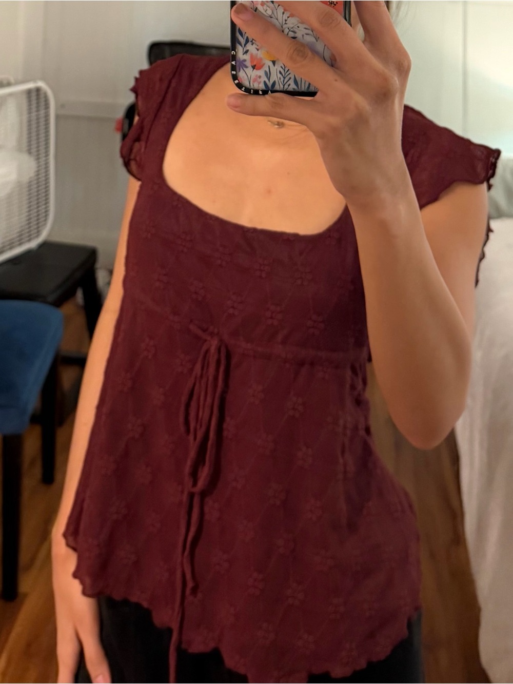 Burgundy Lace-Texture Women's Tie-Front Top - Picture 5 of 6
